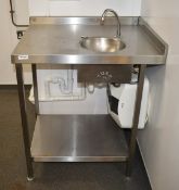 1 x Stainless Steel Corner Prep Bench With Hand Wash Basin and Tap - Size: H91 x W82 x D64 cms