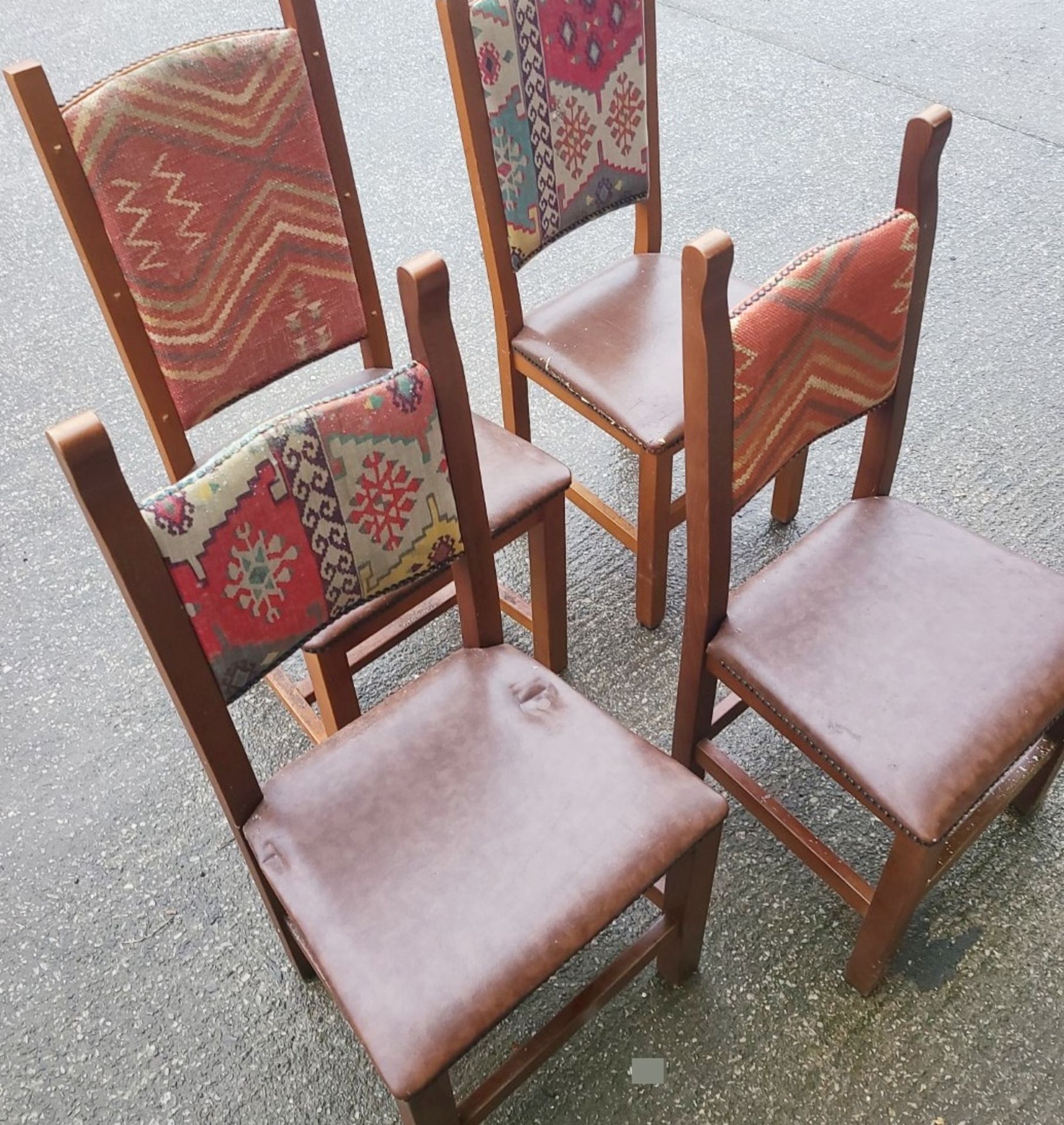 Set Of 4 x Aztec Print Dining Chairs With Faux Brown Leather Seating & Studded Seams
