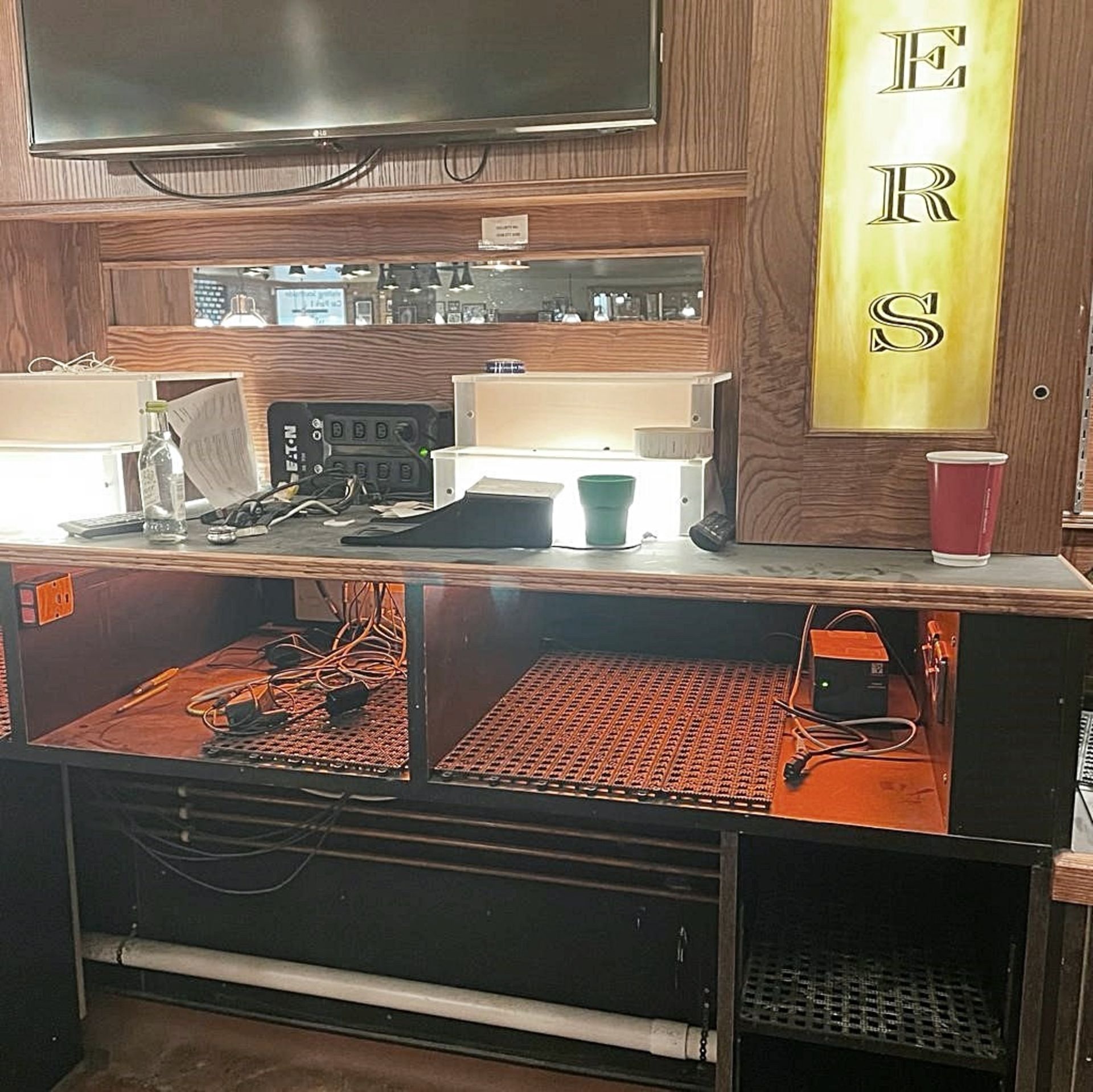 1 x Wooden Pub / Restaurant Front Bar Featuring Upholstered Panels, Underlit Counter, Black Stone - Image 8 of 12