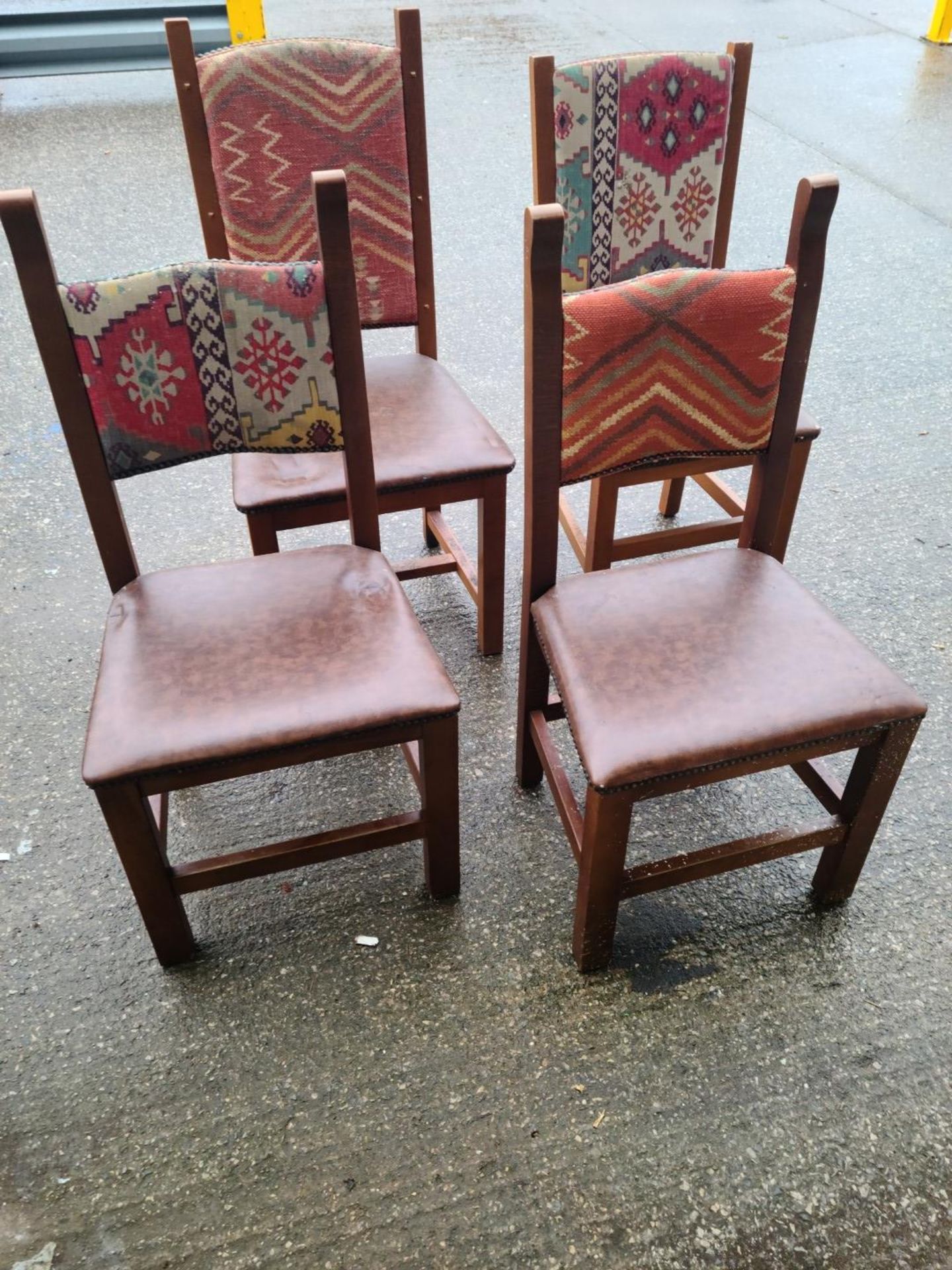 Set Of 4 x Aztec Print Dining Chairs With Faux Brown Leather Seating & Studded Seams - Image 4 of 5