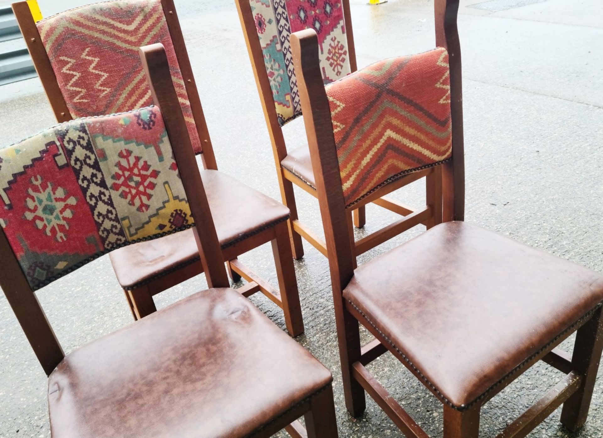 Set Of 4 x Aztec Print Dining Chairs With Faux Brown Leather Seating & Studded Seams - Image 5 of 5