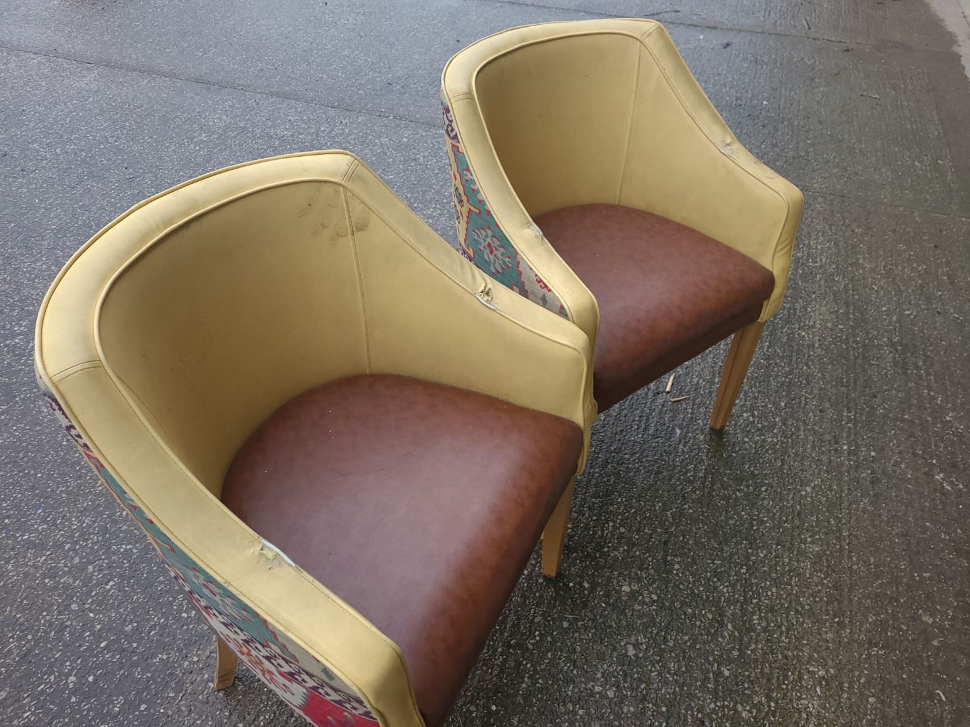 Set Of 4 x Tub Chairs In Faux Leather With An Ochre Back & Brown Seated Cushion & Wooden Legs - Image 2 of 6