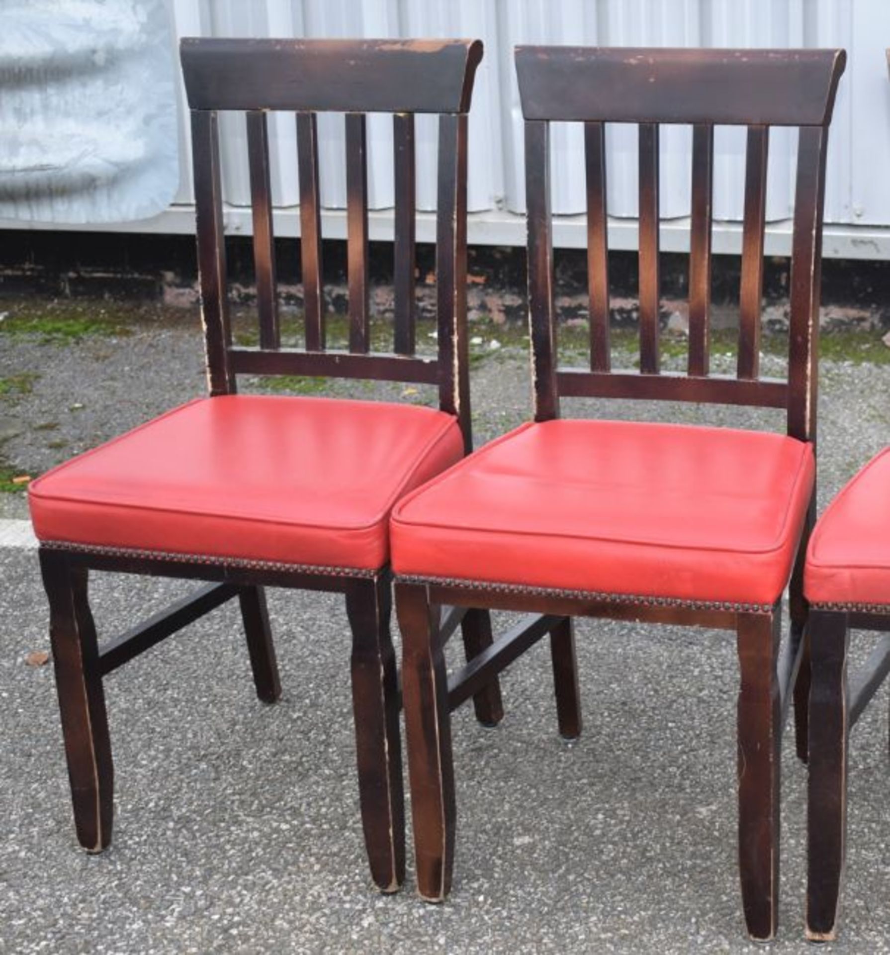 8 x Restaurant Dining Chairs With Dark Stained Wood Finish and Red Leather Seat Pads - Recently Remo - Image 4 of 6