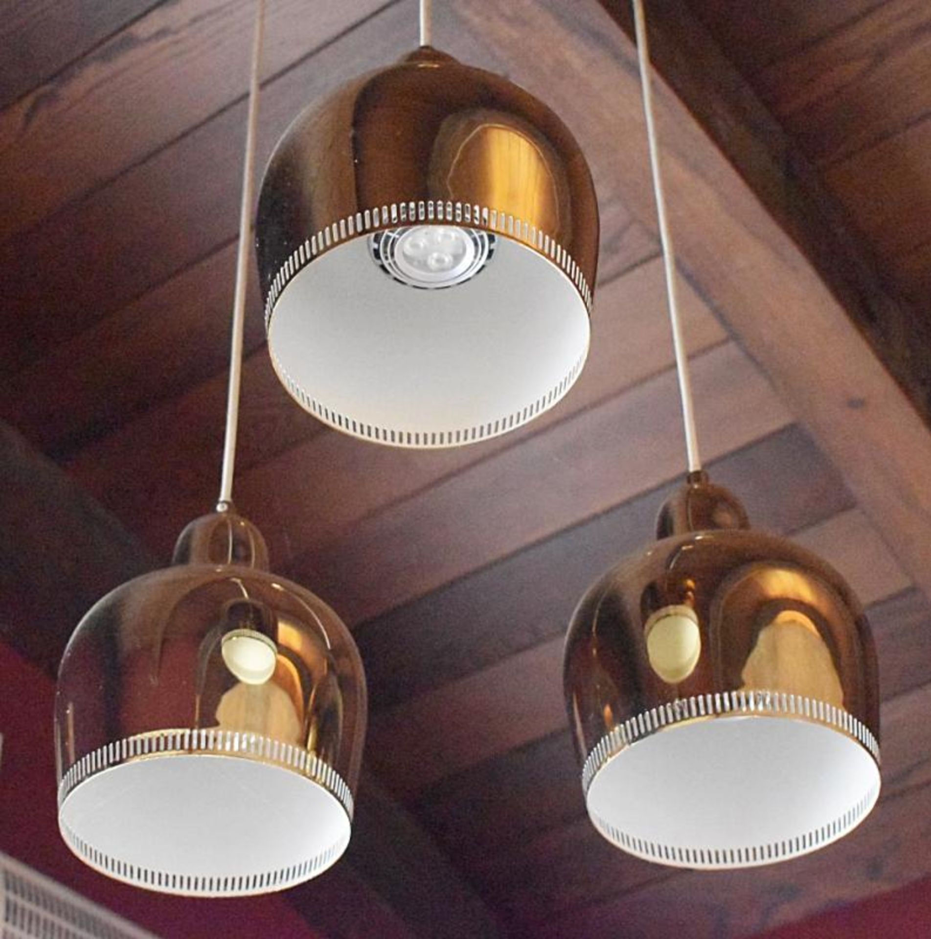 1 x Triple Ceiling Light With Reflective Gold Pendants - Drop 90 x Diameter of Pendants 16 cms - - Image 2 of 2