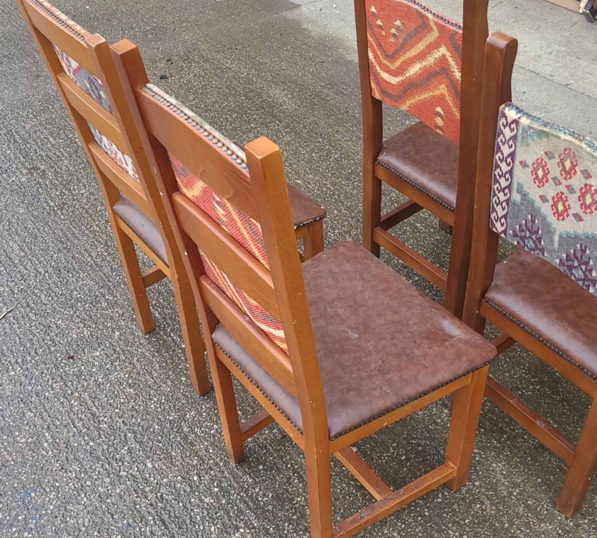 Set Of 5 x Aztec Print Dining Chairs With Faux Brown Leather Seating & Studded Seams - Image 2 of 5