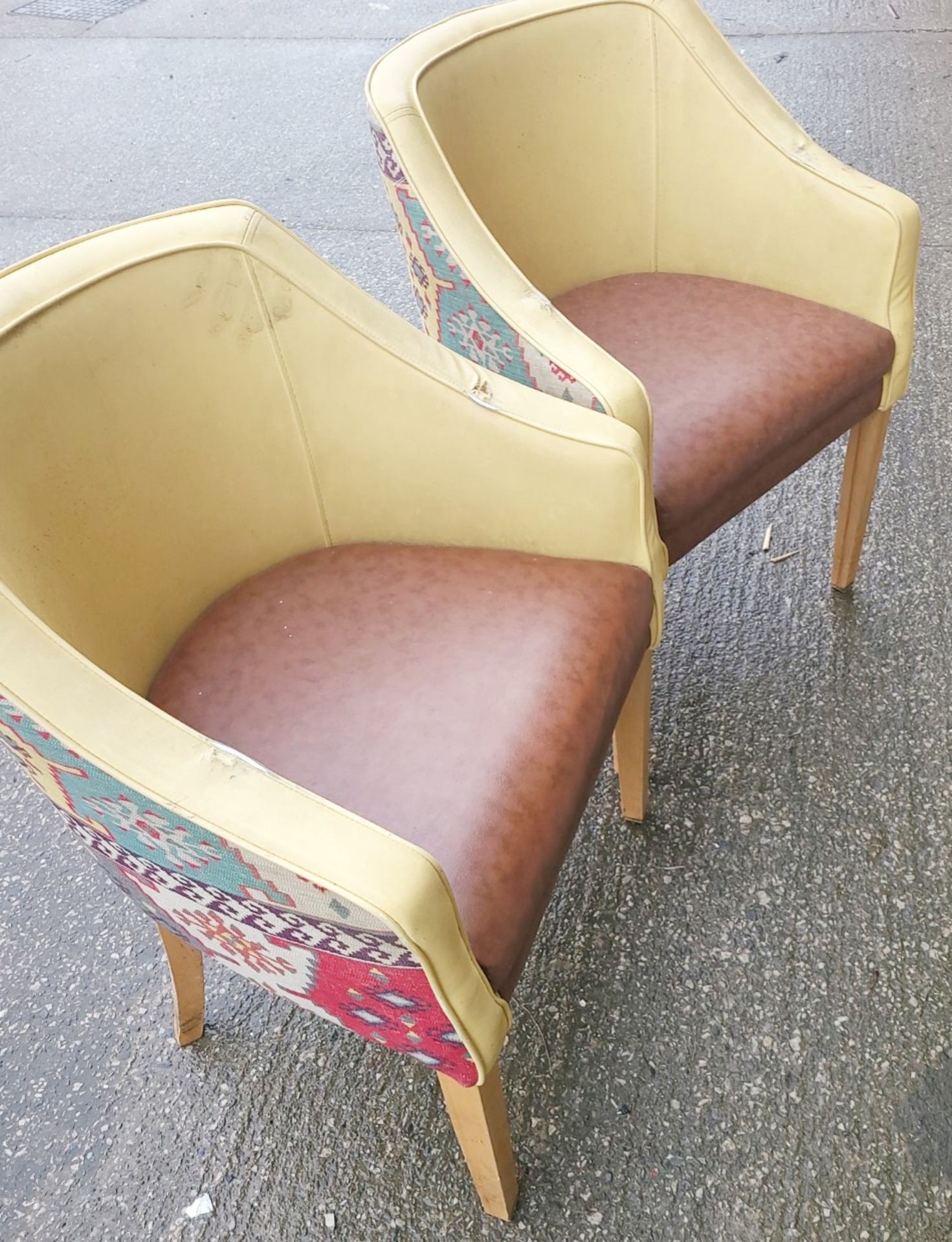 Set Of 4 x Tub Chairs In Faux Leather With An Ochre Back & Brown Seated Cushion & Wooden Legs - Image 6 of 6