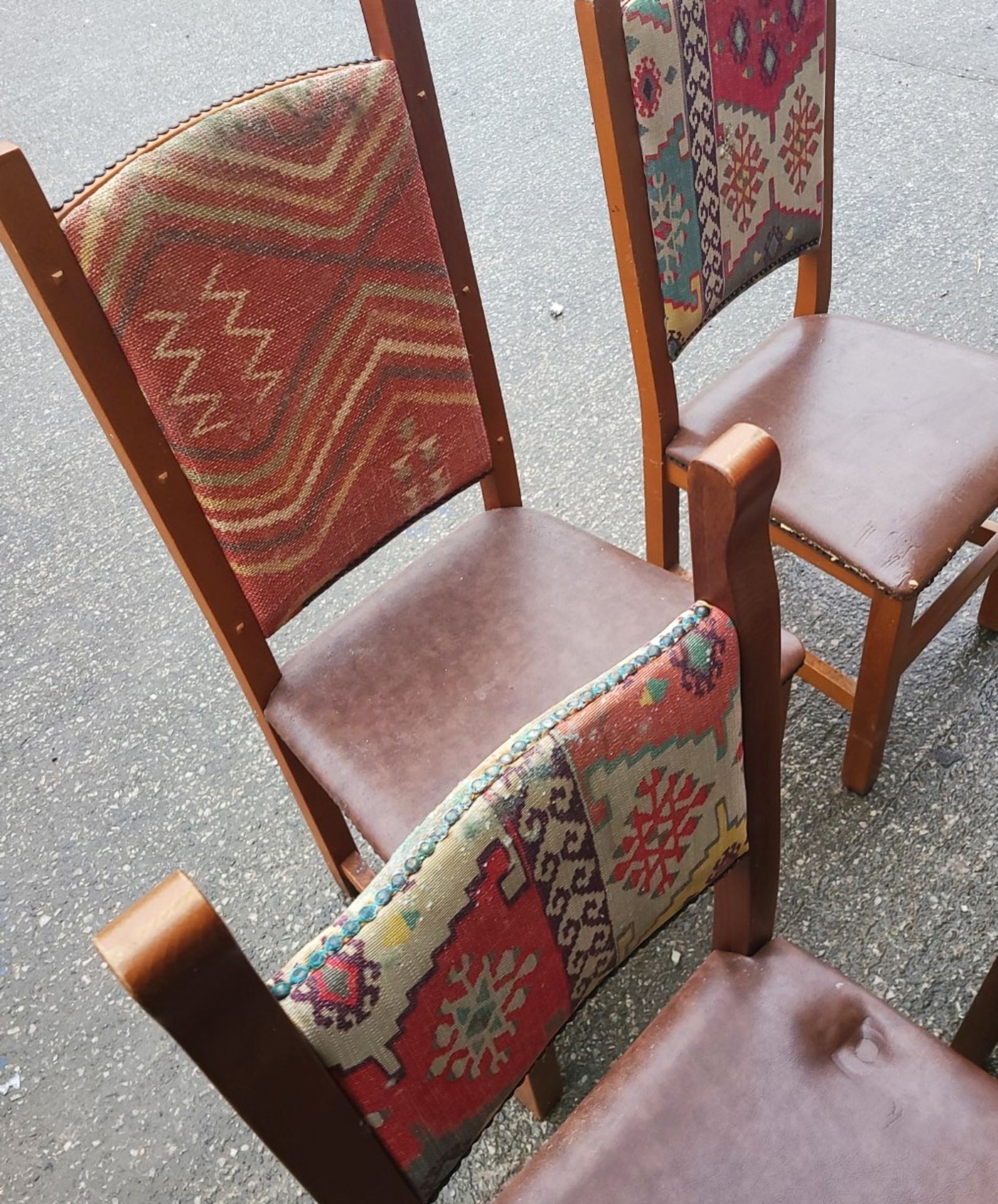 Set Of 4 x Aztec Print Dining Chairs With Faux Brown Leather Seating & Studded Seams - Image 3 of 5