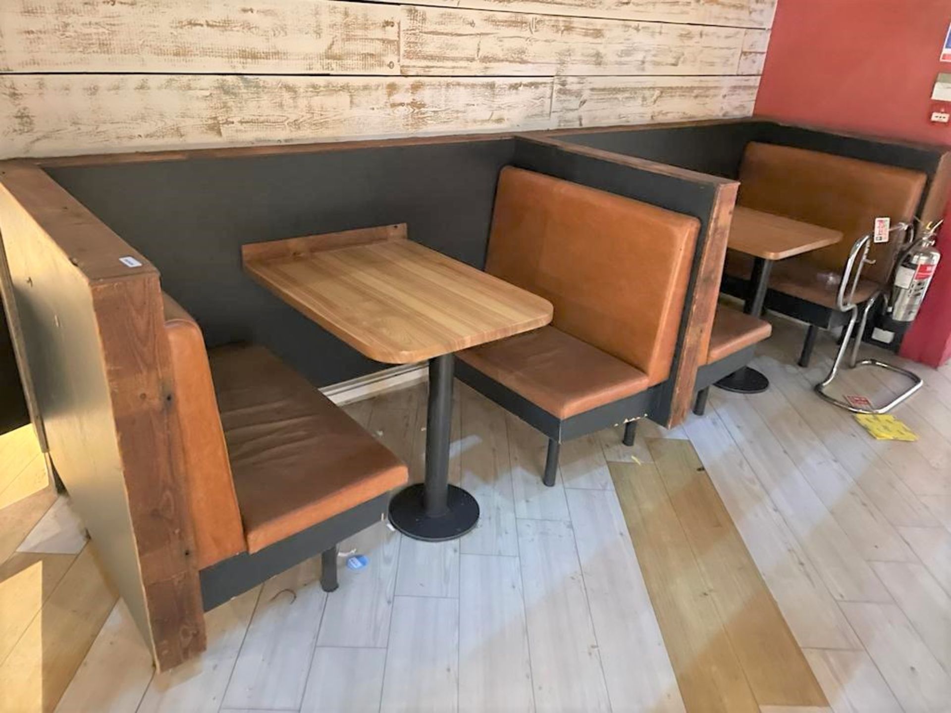 4 x Restaurant Leather Seating Booth Benches With 2 x Rectangular Wall Mounted Oak Tables -