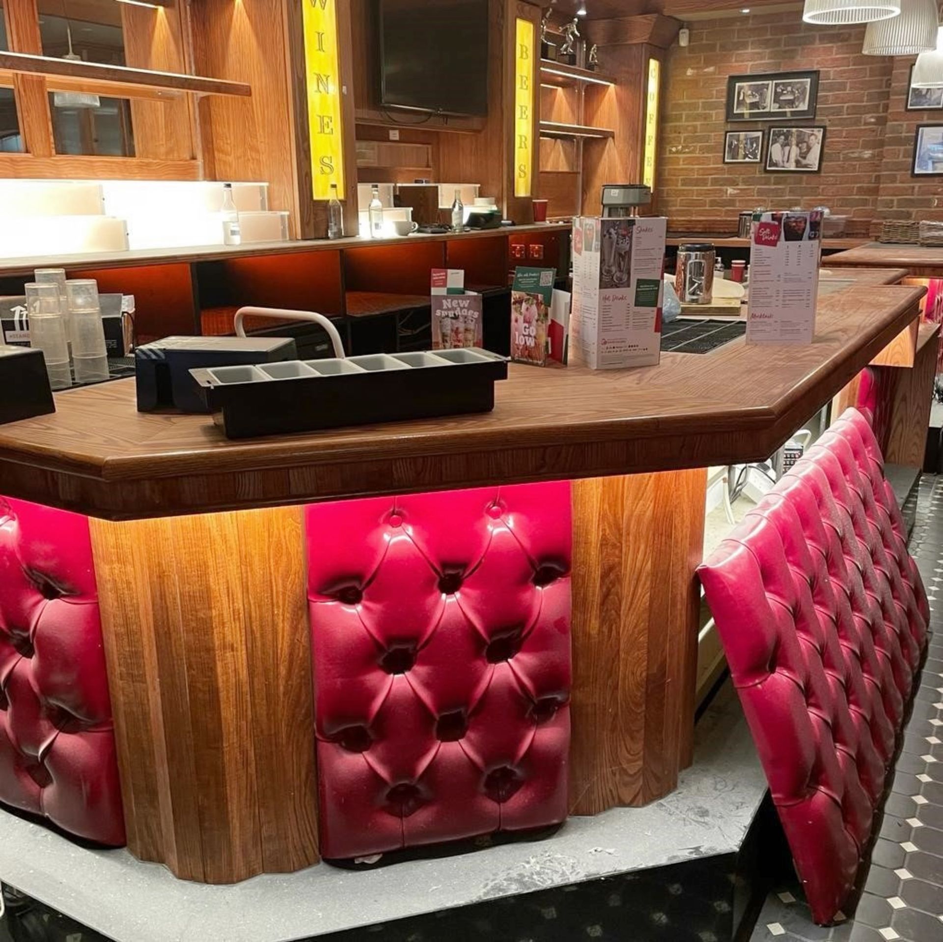 1 x Wooden Pub / Restaurant Front Bar Featuring Upholstered Panels, Underlit Counter, Black Stone - Image 3 of 12