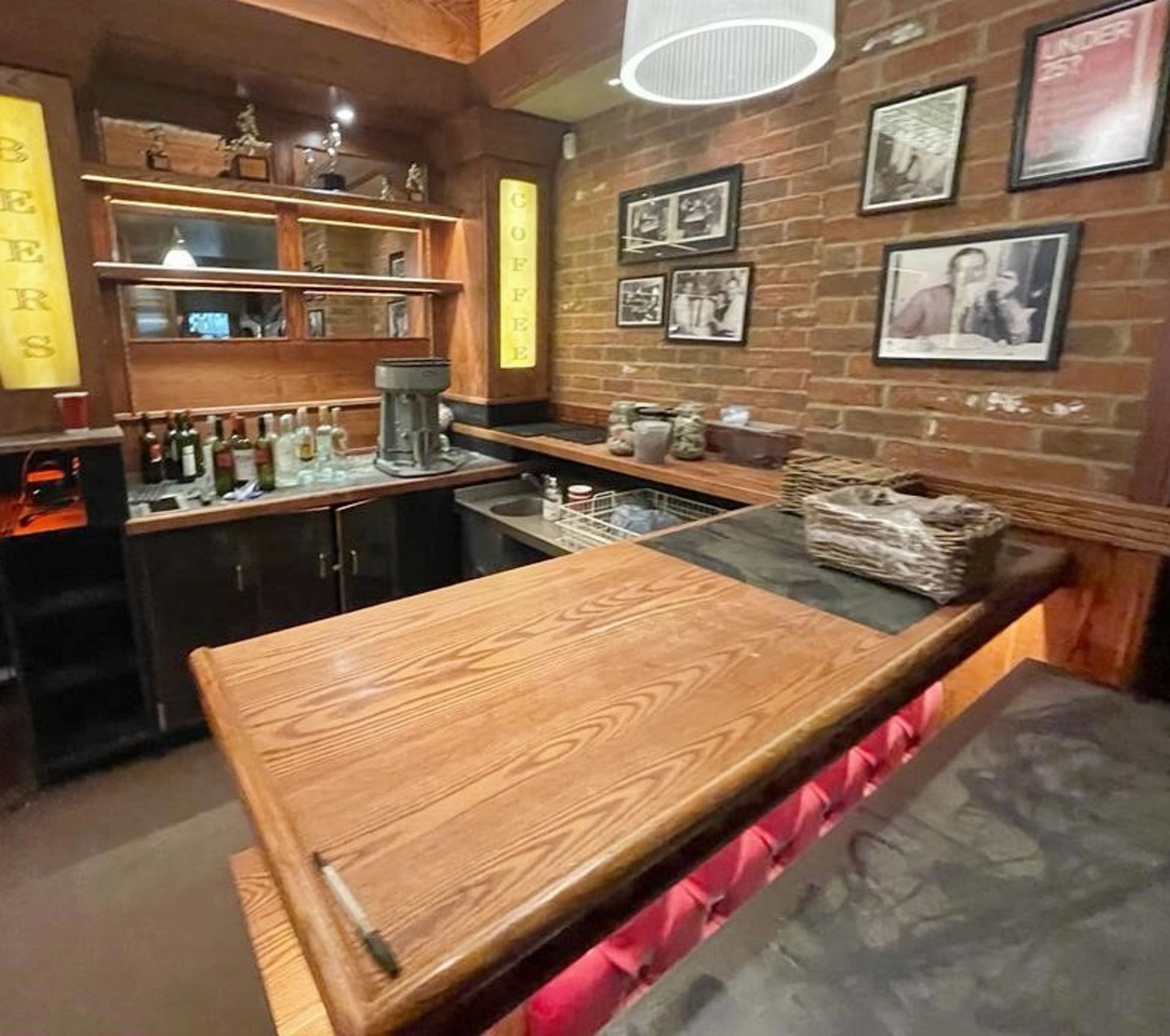 1 x Wooden Pub / Restaurant Front Bar Featuring Upholstered Panels, Underlit Counter, Black Stone - Image 6 of 12