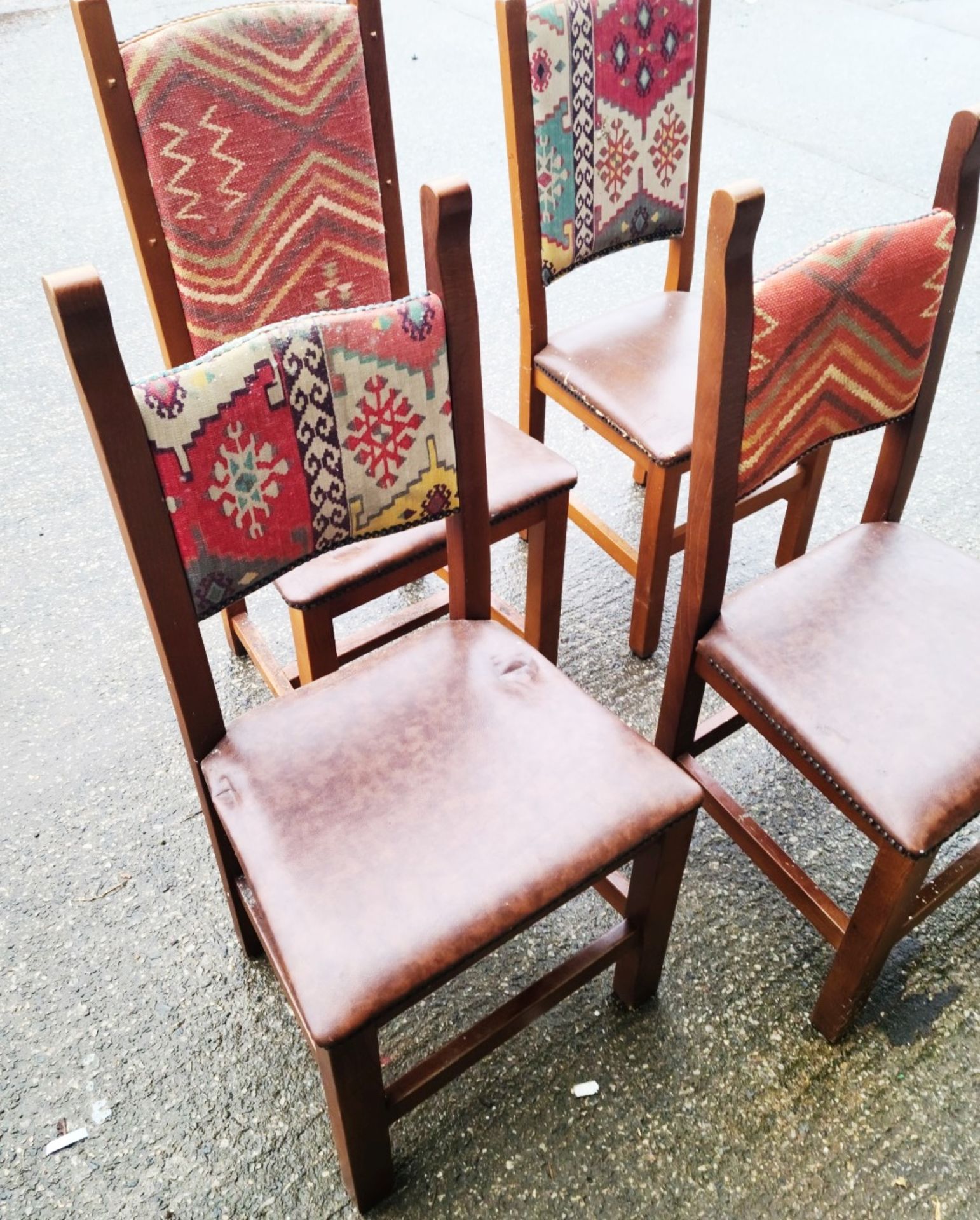 Set Of 5 x Aztec Print Dining Chairs With Faux Brown Leather Seating & Studded Seams - Image 3 of 5