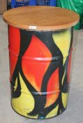 1 x Bespoke Oil-Drum Bar Table With Wooden Top And Custom 'Flame' Artwork - Dimensions: Ø65 x