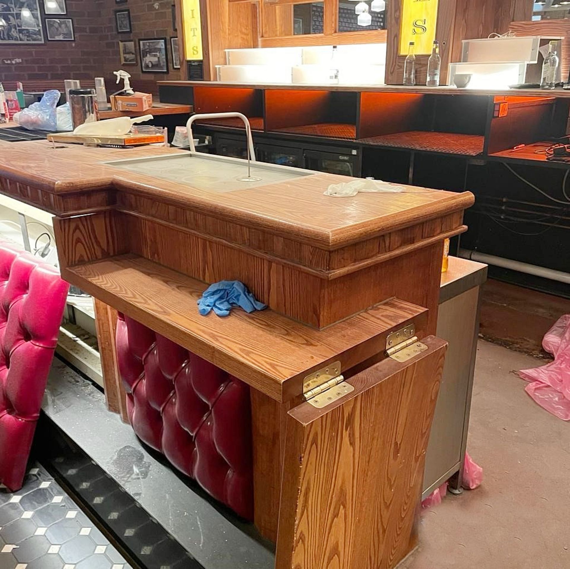 1 x Wooden Pub / Restaurant Front Bar Featuring Upholstered Panels, Underlit Counter, Black Stone - Image 10 of 12