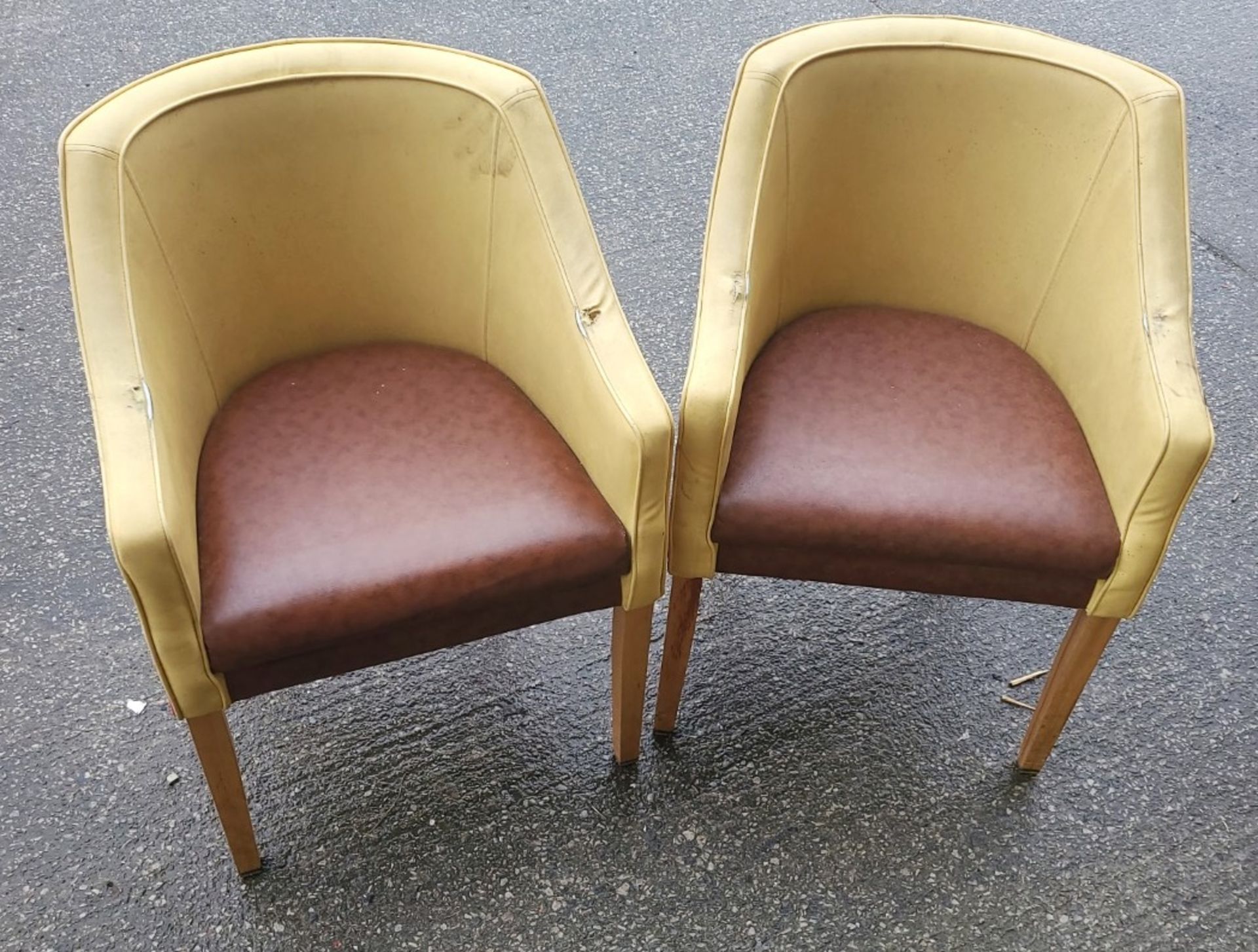 Set Of 4 x Tub Chairs In Faux Leather With An Ochre Back & Brown Seated Cushion & Wooden Legs