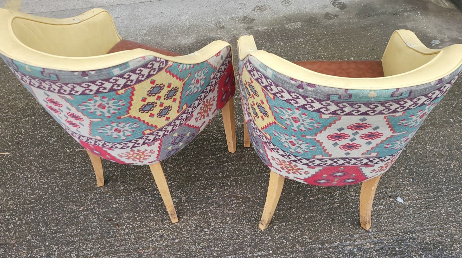 Set Of 4 x Tub Chairs In Faux Leather With An Ochre Back & Brown Seated Cushion & Wooden Legs - Image 4 of 6