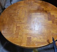 1 x Rustic Parquet Hard Oak Round Top Dining Table With Trimmed Edges & Black Metal Base D 110cm