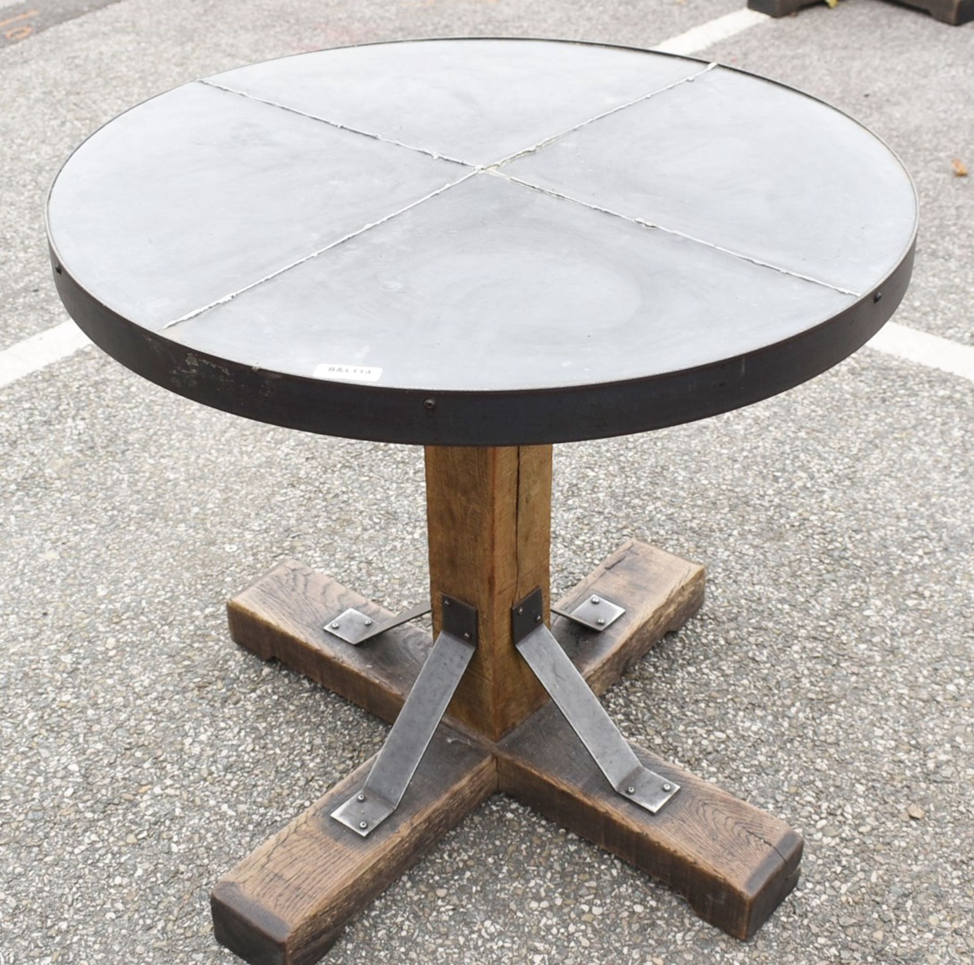 1 x Industrial 80cm Restaurant Table - Stone Style Top With Steel Edging and a Rustic Timber Base - Image 3 of 5