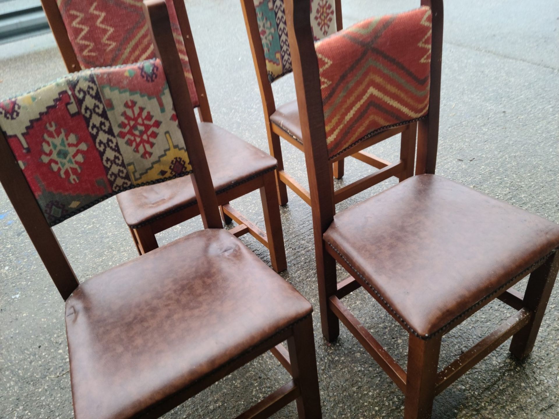 Set Of 4 x Aztec Print Dining Chairs With Faux Brown Leather Seating & Studded Seams - Image 4 of 5