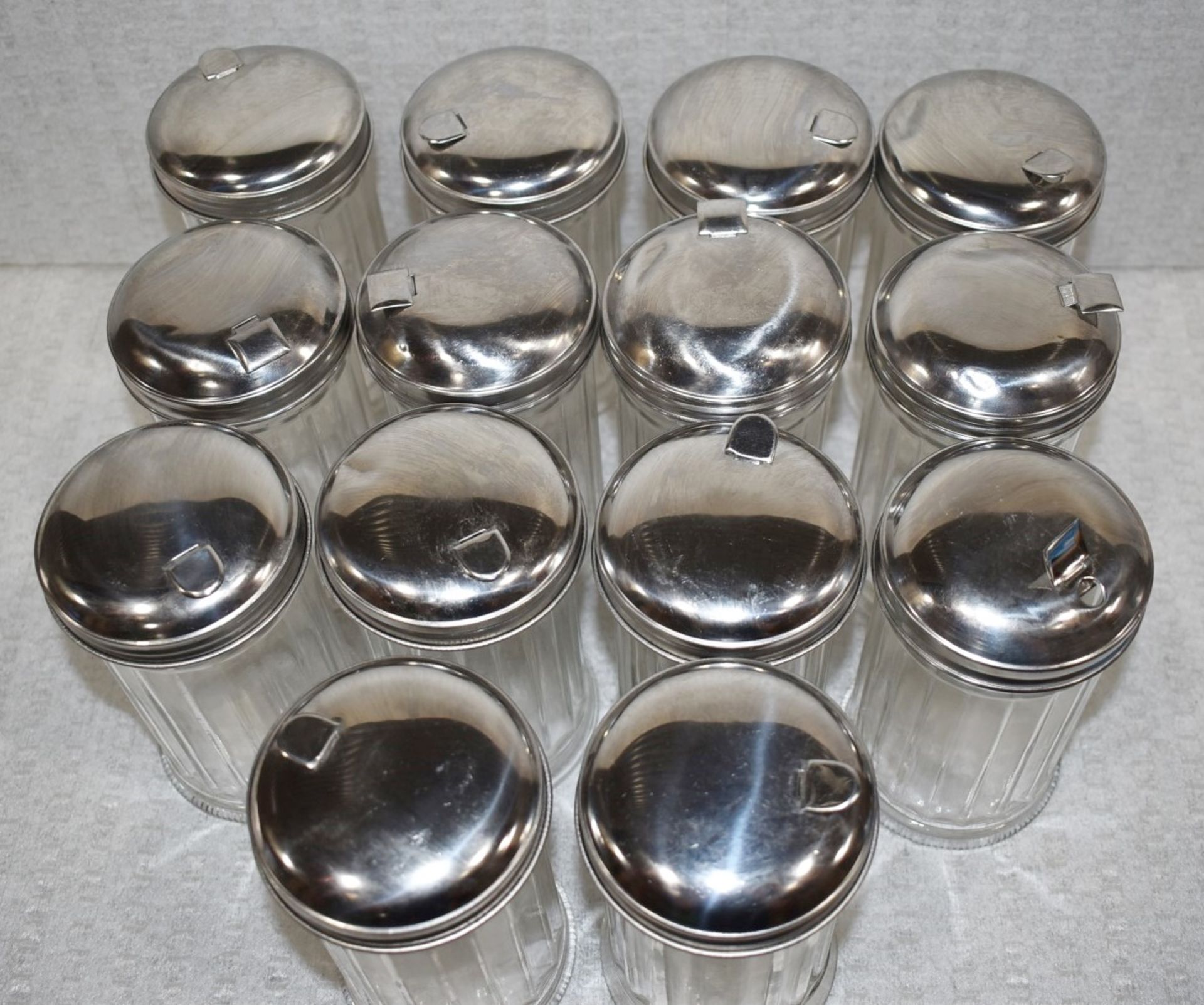 14 x Glass Sugar Dispensing Pots With Stainless Steel Lids - Suitable For Cafes or Restaurants - Image 7 of 8