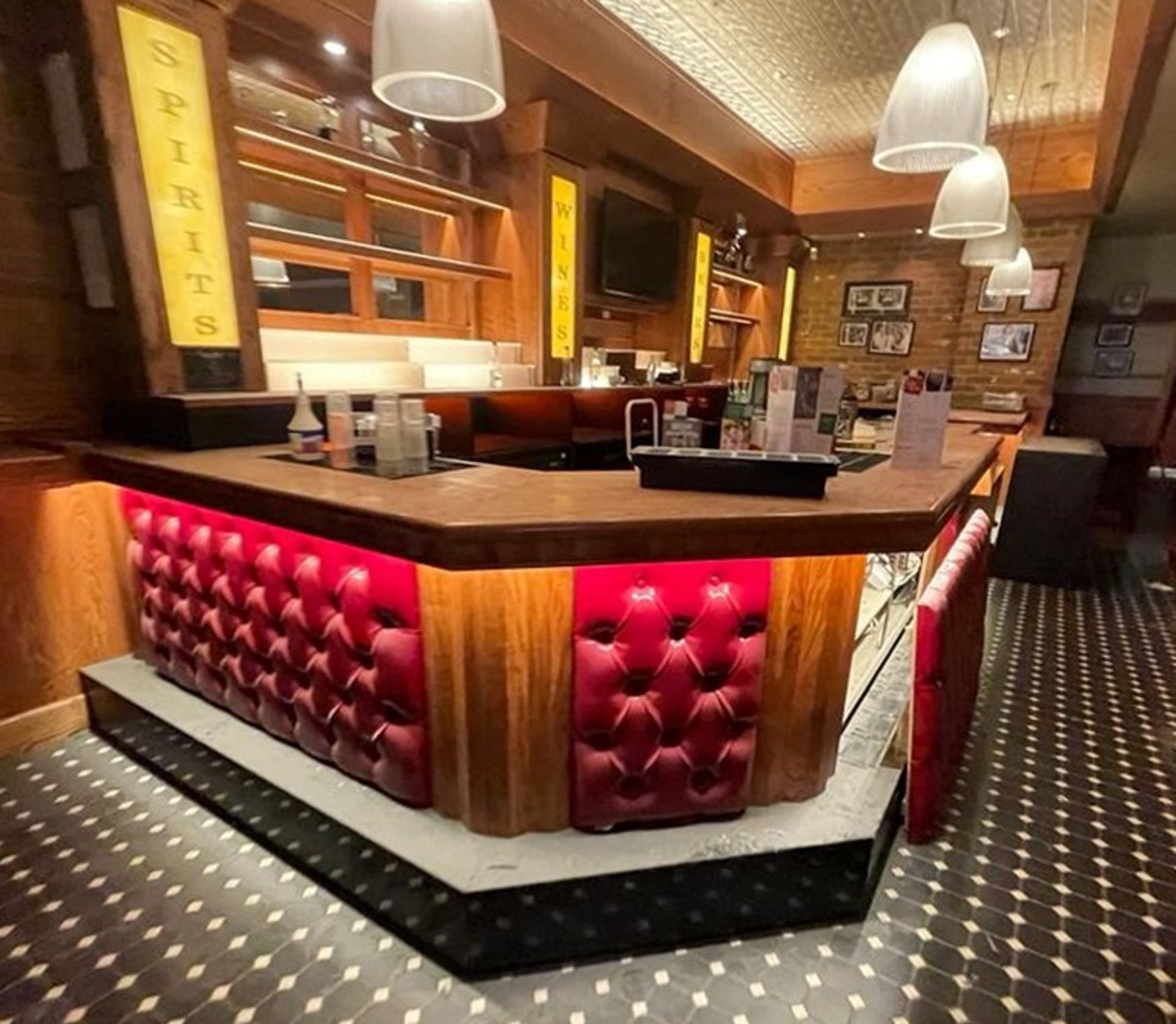 1 x Wooden Pub / Restaurant Front Bar Featuring Upholstered Panels, Underlit Counter, Black Stone