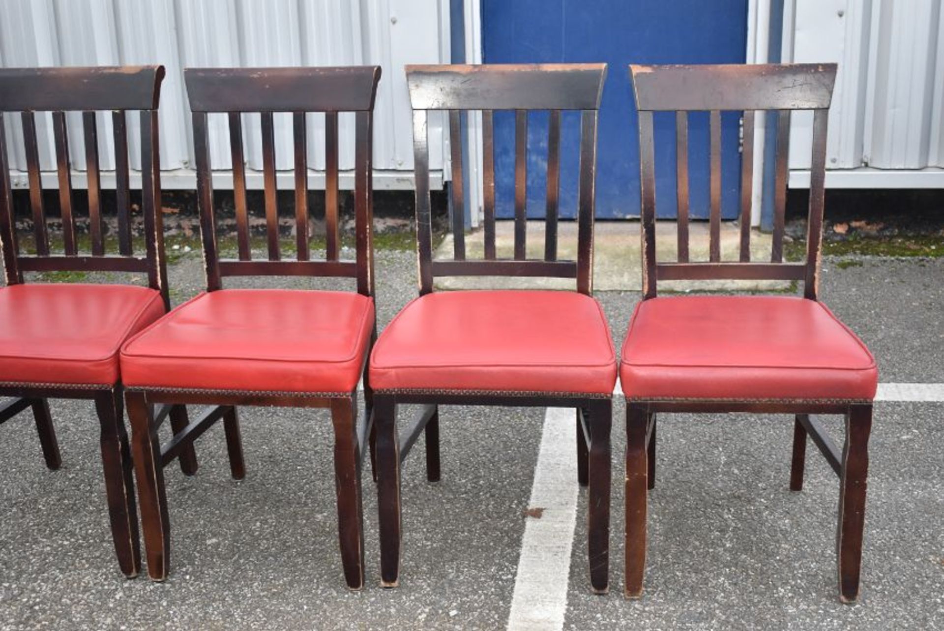 8 x Restaurant Dining Chairs With Dark Stained Wood Finish and Red Leather Seat Pads - Recently - Image 6 of 6