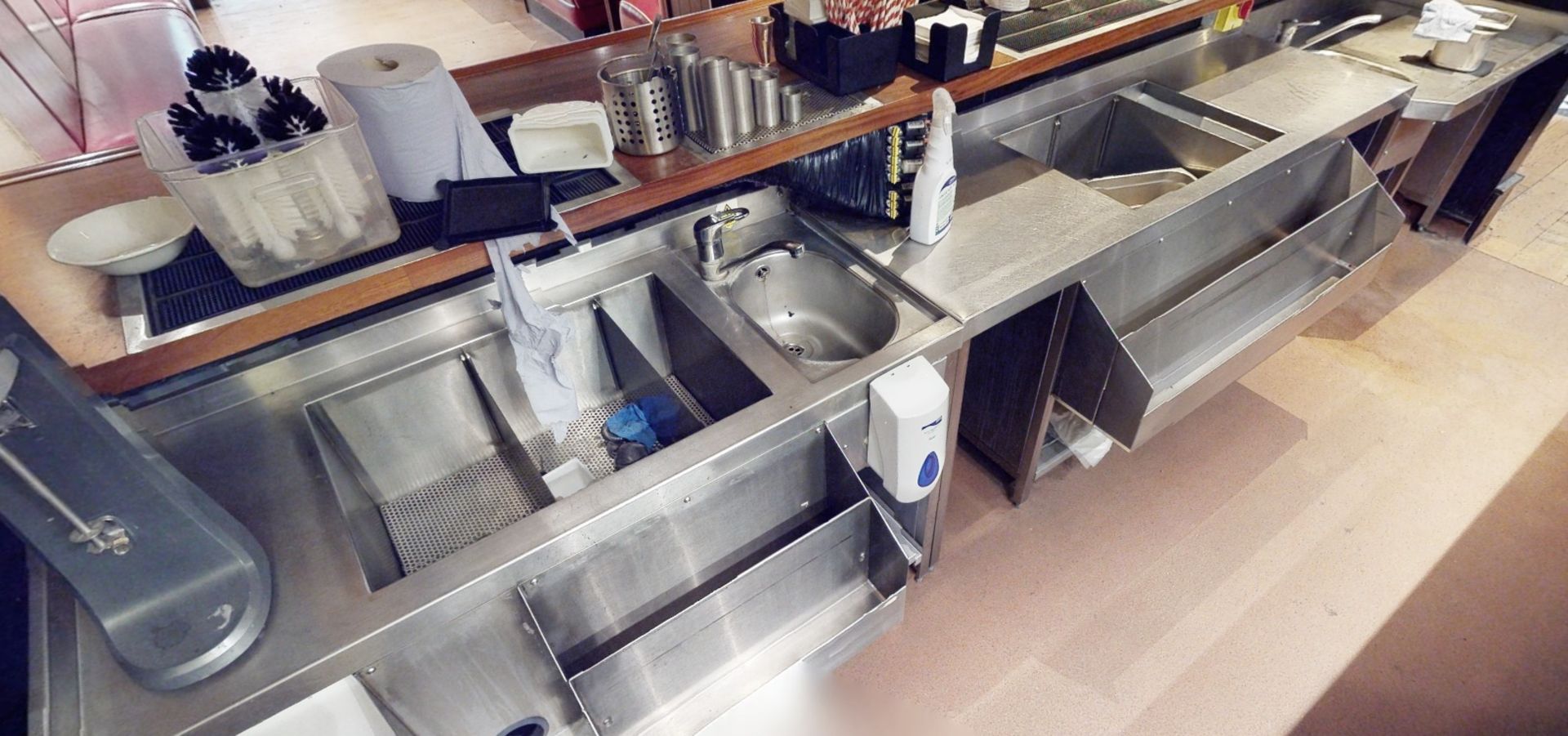 Selection Of 3 x Stainless Steel Back Bar Units Including Prep Area, Ice Wells, Sink Basins.
