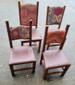 Set Of 4 x Aztec Print Dining Chairs With Faux Brown Leather Seating & Studded Seams