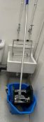 1 x Collection Of Cleaning Supplies, Including Mop And Bucket, Brooms And Dustpans