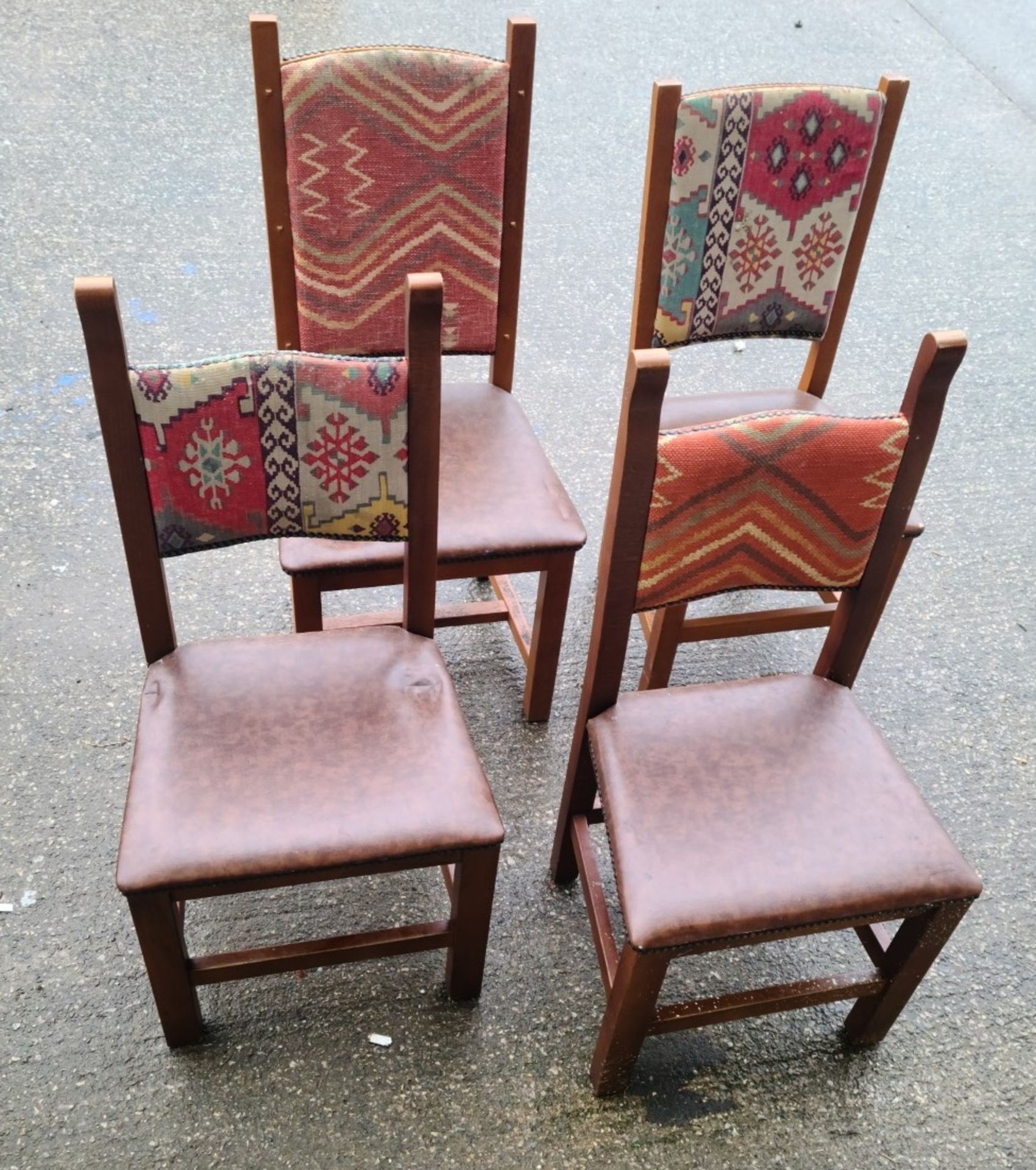 Set Of 4 x Aztec Print Dining Chairs With Faux Brown Leather Seating & Studded Seams - Image 3 of 6