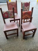 Set Of 4 x Aztec Print Dining Chairs With Faux Brown Leather Seating & Studded Seams