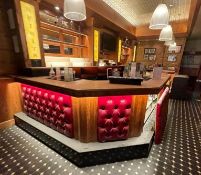 1 x Wooden Pub / Restaurant Front Bar Featuring Upholstered Panels, Underlit Counter, Black Stone