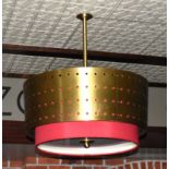 2 x Suspended Light Fittings With Perforated Brass and Red Drum Shades - Approx Diameter 100cms