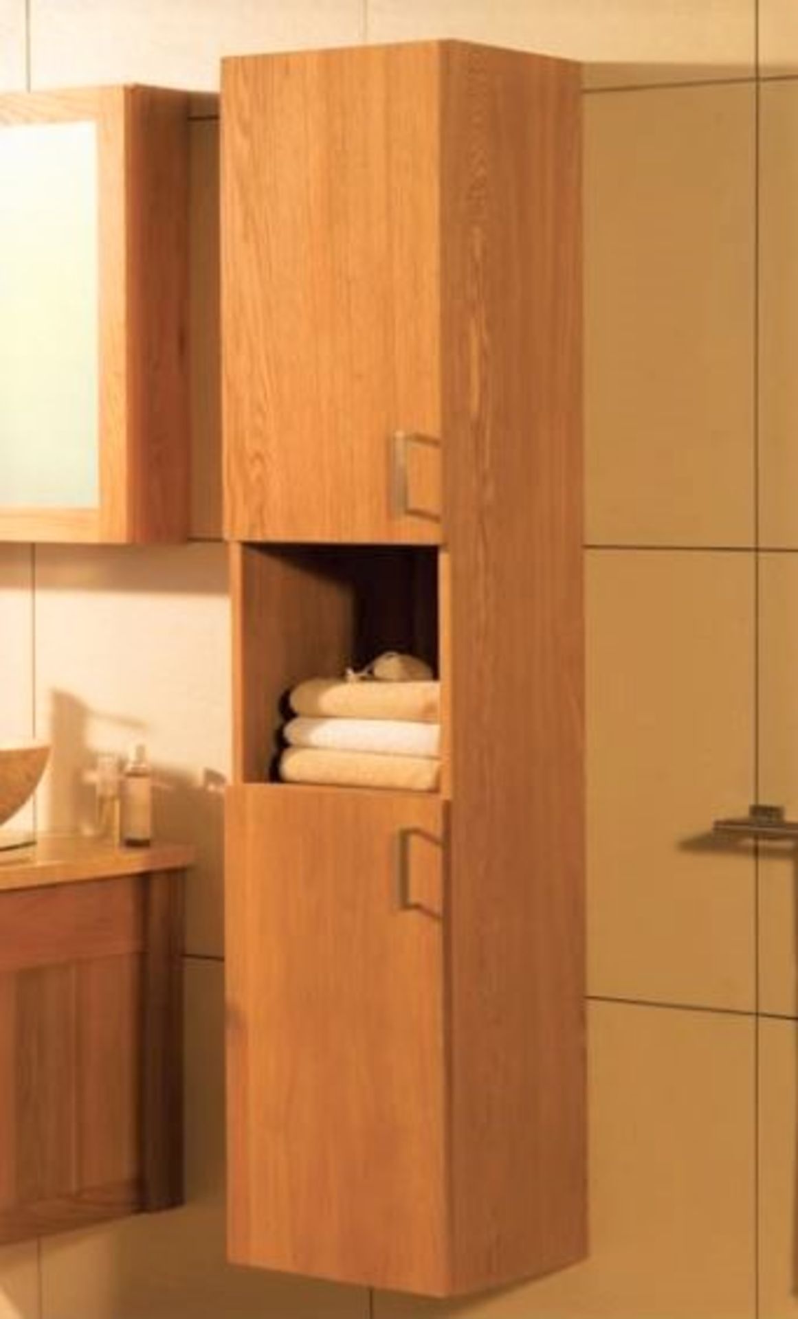 1 x Stonearth Wall Hung Tallboy Bathroom Storage Cabinet - American Solid Oak - Original RRP £996