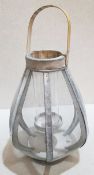 1 x BLUESUNTREE Aged Wicker Handle and Wire Mesh Lantern With Glass Candle Holder 24x38cm
