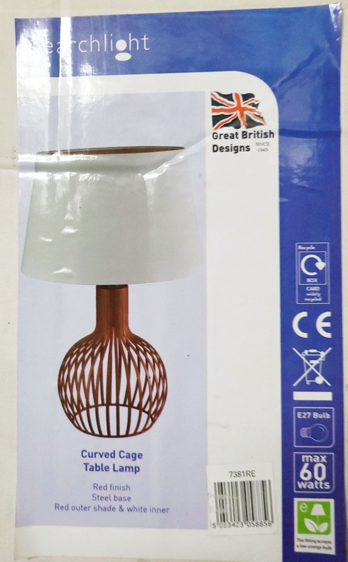 1 x SEARCHLIGHT Curved Cage Table Lamp With Rad Steel Base and White Shade - Type 7381RE