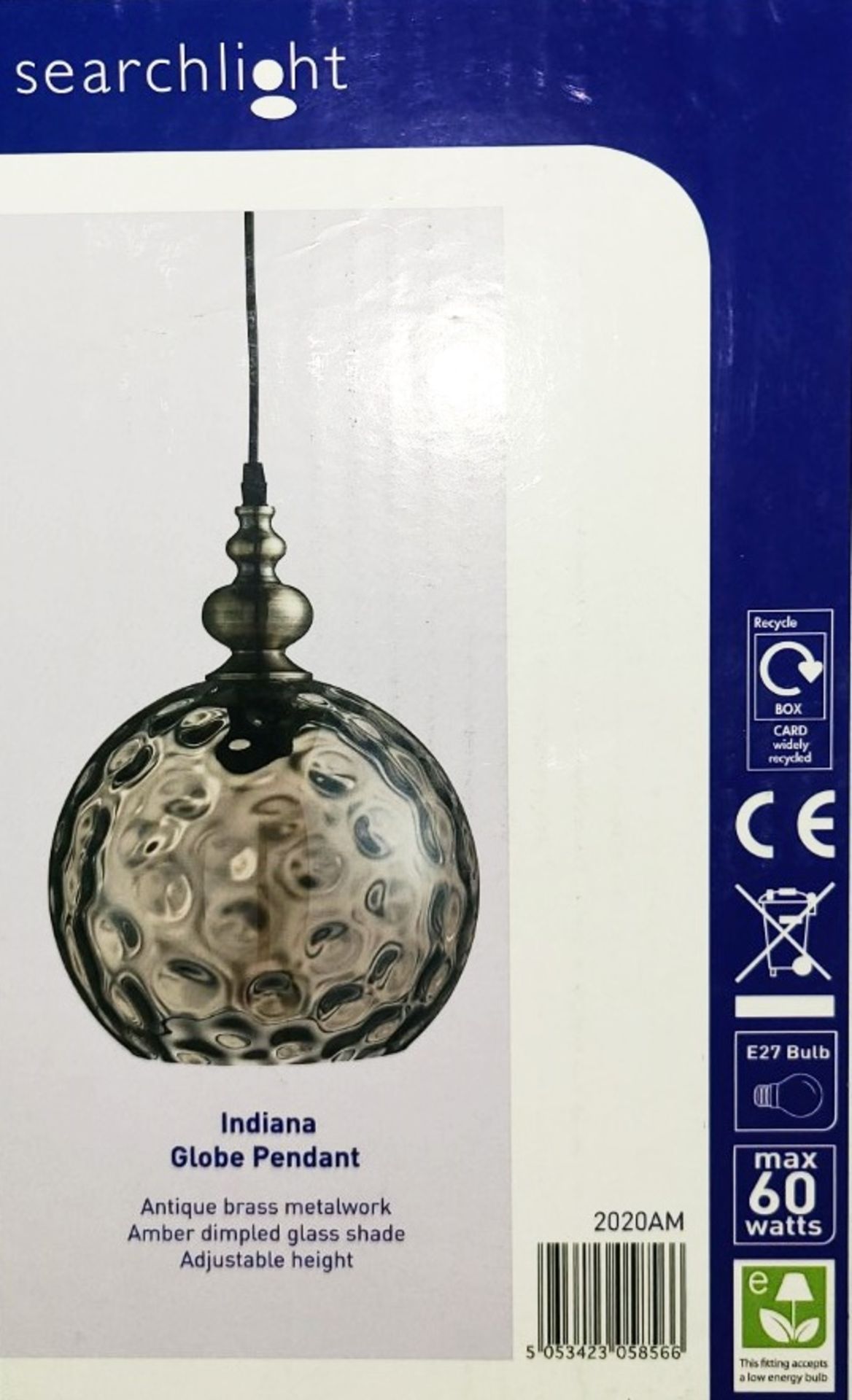 1 x SEARCHLIGHT Indiana Single Light Ceiling Pendant With Globe Glass Shade & Satin Chrome Finish