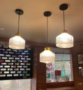 3 x Impressive Commercial Deco-Style Restaurant Pendant Lights With Ribbed Glass Shades And Brass
