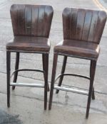 7 x Tall Bar Stools, Upholstered In Brown Faux Leather With A Distressed Finish And Metal
