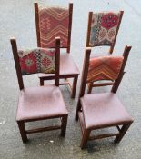 Set Of 5 x Aztec Print Dining Chairs With Faux Brown Leather Seating & Studded Seams