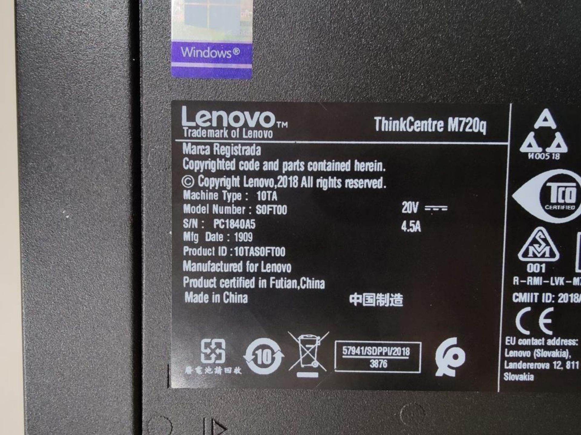 1 x Lenovo ThinkCentre M720Q Mini PC - Intel i5-8400t 8th Gen Processor, 8gb DDR4, 256GB M.2 SSD - Image 15 of 15