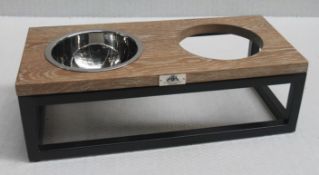 1 x LORD LOU 'Roma' Premium Elevated Pet Feeder Bowl In Burnt Solid Oak / Steel - Size: Medium -