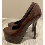 1 x Pair Of Genuine YSL High Heel Shoes In Brown - Size: 36 - Preowned in Good Condition - Ref: LOT4