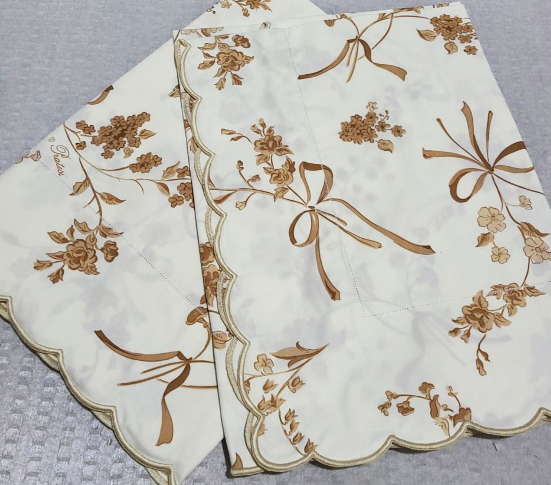 Set Of 2 x PRATESI Brown Floral Ribbon Print with Scallop Hem In Gold Off White Sham 50x75cmn - Image 3 of 5