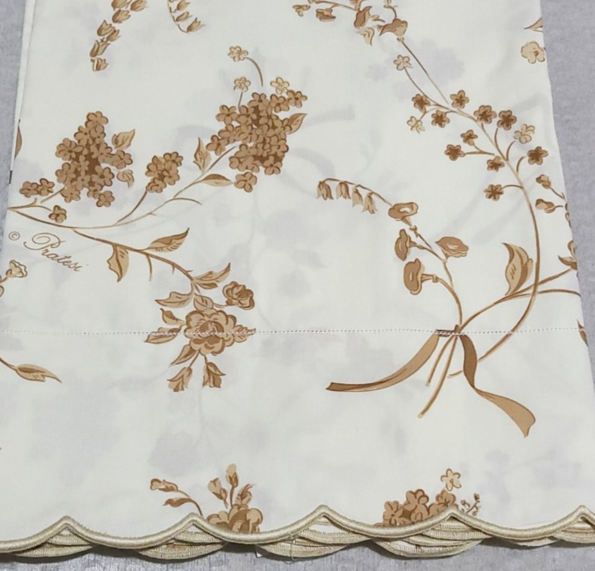 Set Of 2 x PRATESI Brown Floral Ribbon Print with Scallop Hem In Gold Off White Sham 50x75cmn