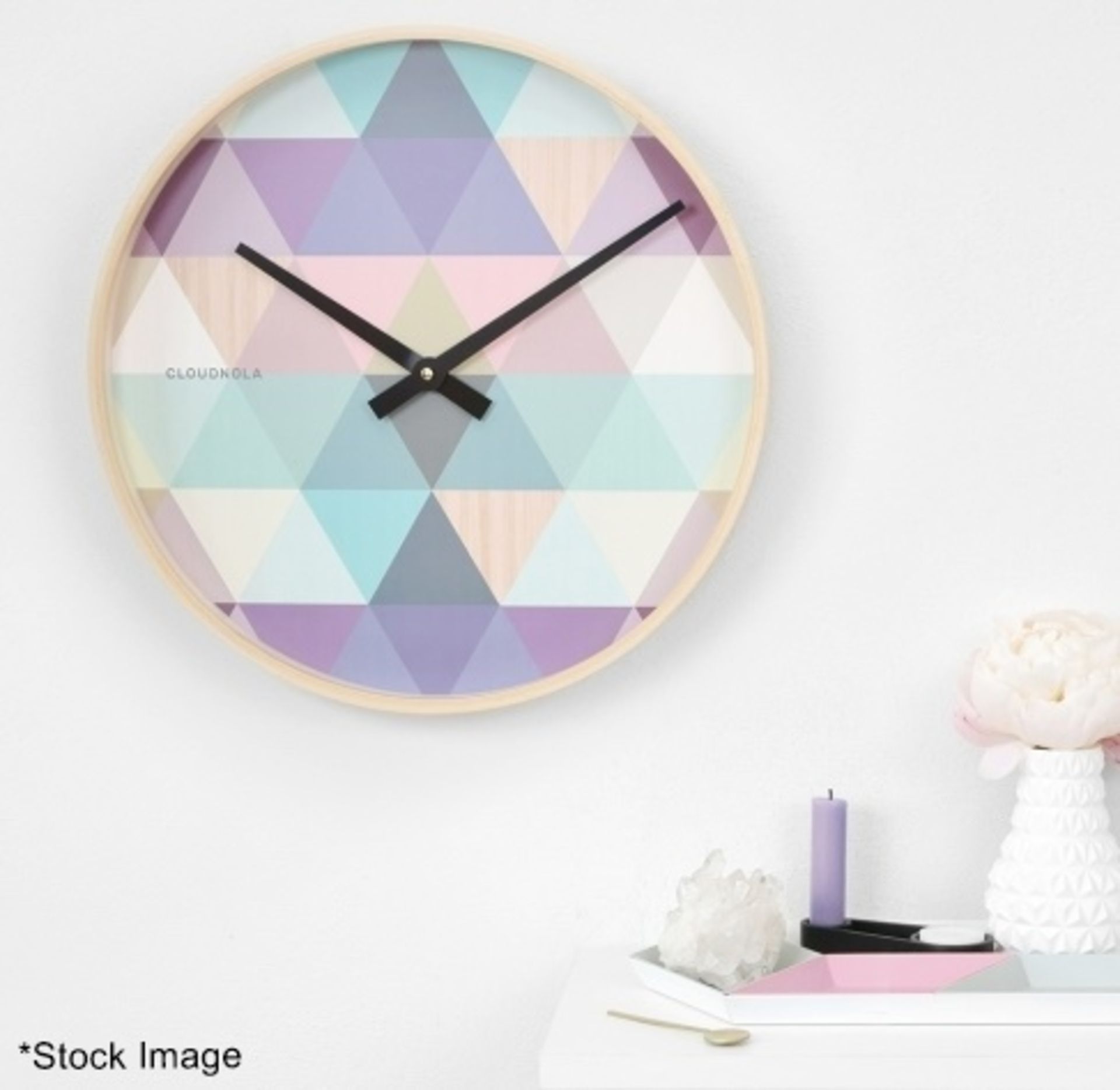 1 x CLOUDNOLA Tonic Blue Wooden Wall Clock With Geometric Pastel Patterned Birch Wood 40cm