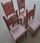 Set Of 4 x Aztec Print Dining Chairs With Faux Brown Leather Seating & Studded Seams