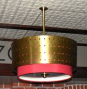 2 x Suspended Light Fittings With Perforated Brass and Red Drum Shades - Approx Diameter 100cms