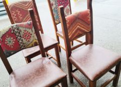 Set Of 4 x Aztec Print Dining Chairs With Faux Brown Leather Seating & Studded Seams