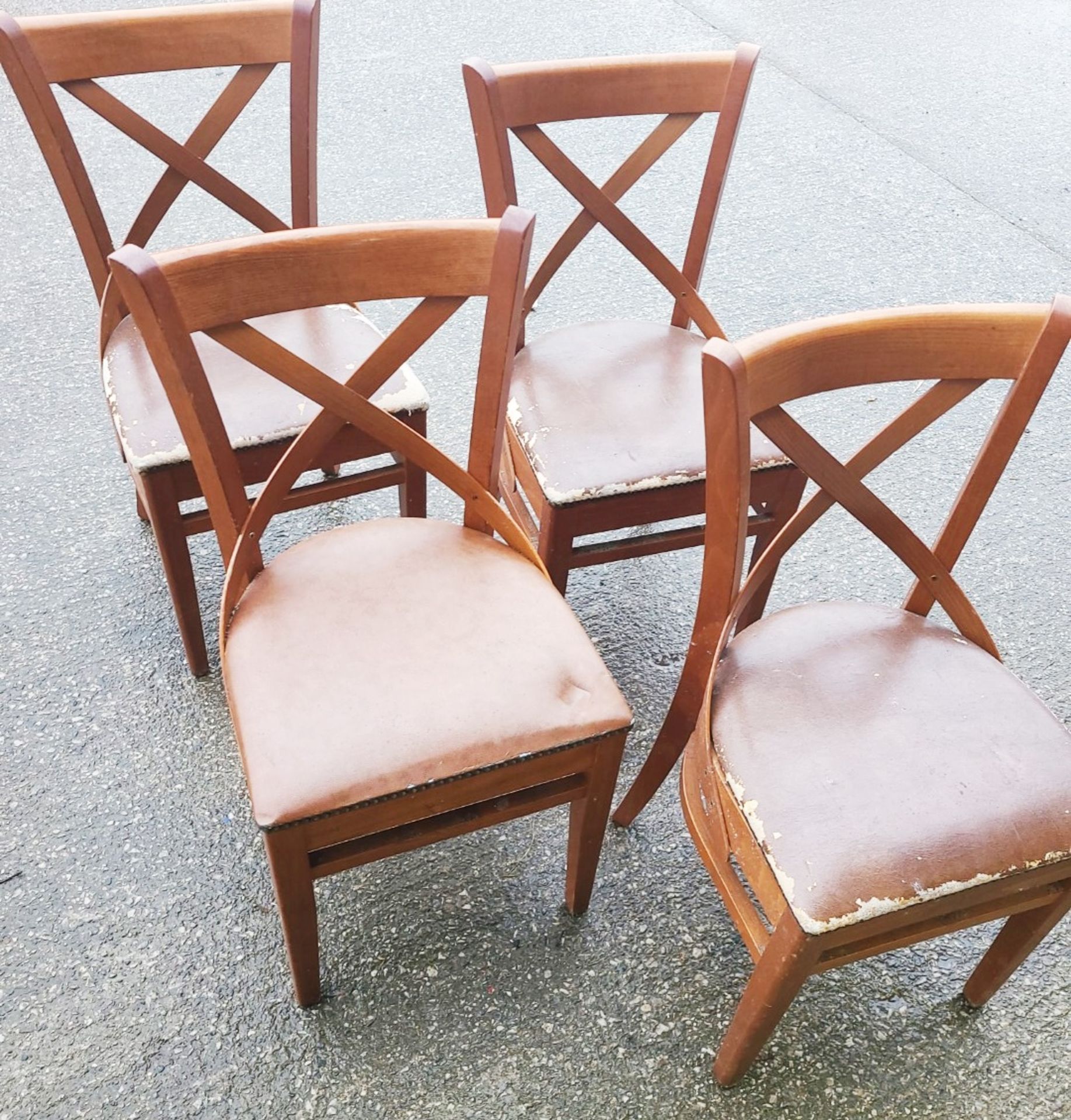 Set Of 4 x 'Leopold' Style Bentwood Side Chair In Walnut Stain & Faux Brown Leather Seat Cushion