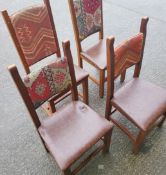 Set Of 4 x Aztec Print Dining Chairs With Faux Brown Leather Seating & Studded Seams
